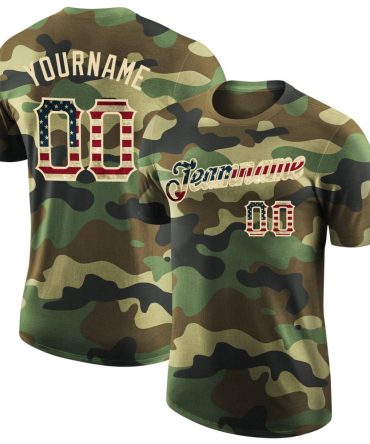 Custom Camo Vintage Usa Flag-City Cream Performance Salute To Service T-Shirt, For Football, Baseball, Hockey, Basketball, Softball & Rugby Fans