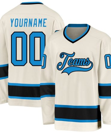 Custom Cream Blue-Black Hockey Jersey, Gift For Hockey Fans