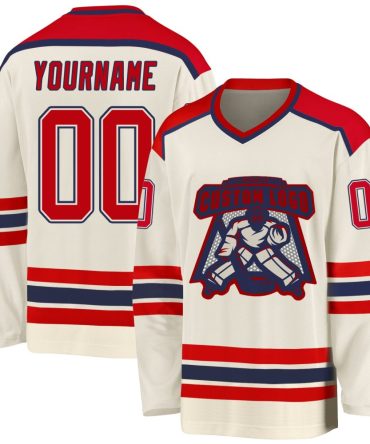 Custom Cream Red-Navy Hockey Jersey, Gift For Hockey Fans
