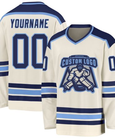 Custom Cream Navy-Light Blue Hockey Jersey, Gift For Hockey Fans