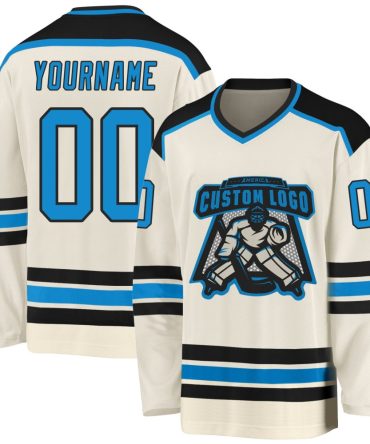 Custom Cream Blue-Black Hockey Jersey, Gift For Hockey Fans