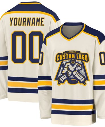 Custom Cream Navy-Gold Hockey Jersey, Gift For Hockey Fans