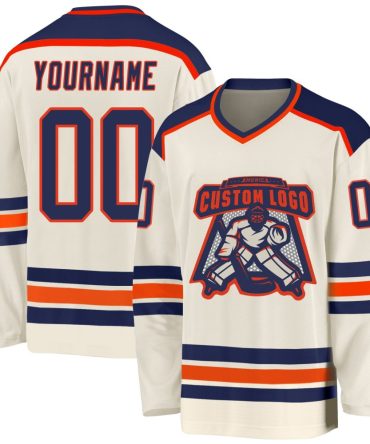 Custom Cream Navy-Orange Hockey Jersey, Gift For Hockey Fans