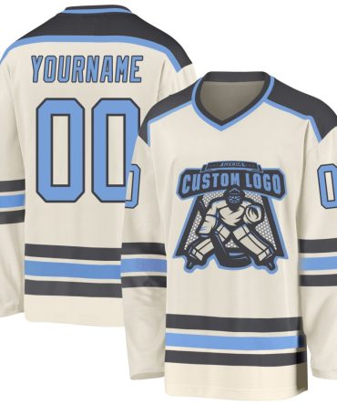 Custom Cream Light Blue-Steel Gray Hockey Jersey, Gift For Hockey Fans