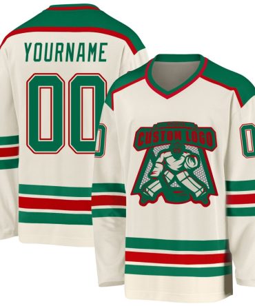 Custom Cream Kelly Green-Red Hockey Jersey, Gift For Hockey Fans
