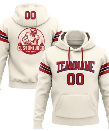 Custom Cream Red-Navy Football Pullover Sweatshirt Hoodie, Gift For Football, Baseball, Hockey, Basketball, Softball & Rugby Fans