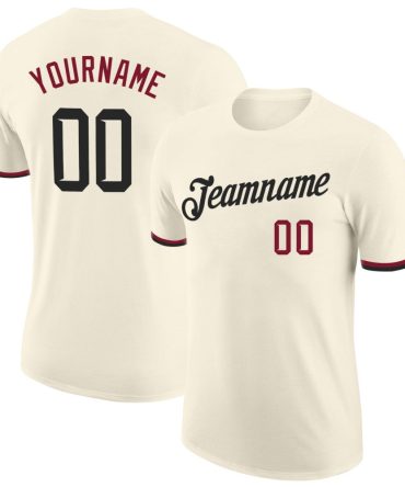 Custom Cream Black-Crimson Performance T-Shirt, For Football, Baseball, Hockey, Basketball, Softball & Rugby Fans
