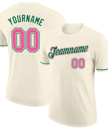 Custom Cream Pink-Kelly Green Performance T-Shirt, For Football, Baseball, Hockey, Basketball, Softball & Rugby Fans