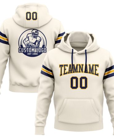 Custom Cream Navy-Gold Football Pullover Sweatshirt Hoodie, Gift For Football, Baseball, Hockey, Basketball, Softball & Rugby Fans