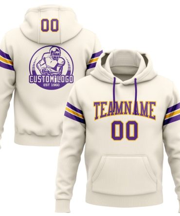 Custom Cream Purple-Gold Football Pullover Sweatshirt Hoodie, Gift For Football, Baseball, Hockey, Basketball, Softball & Rugby Fans
