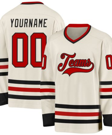 Custom Cream Red-Black Hockey Jersey, Gift For Hockey Fans