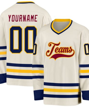 Custom Cream Navy Gold-Maroon Hockey Jersey, Gift For Hockey Fans