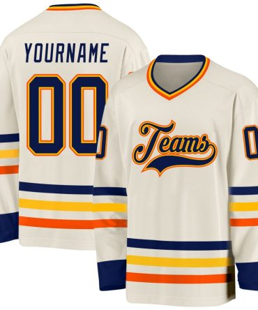 Custom Cream Navy Gold-Orange Hockey Jersey, Gift For Hockey Fans