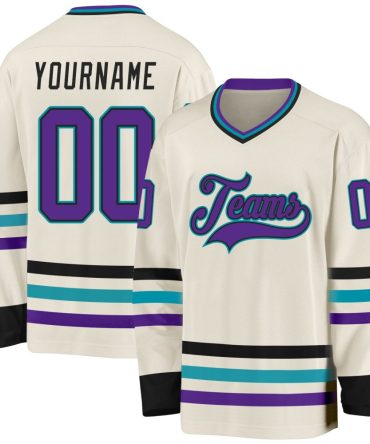 Custom Cream Purple Black-Teal Hockey Jersey, Gift For Hockey Fans