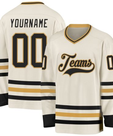 Custom Cream Black-Old Gold Hockey Jersey, Gift For Hockey Fans
