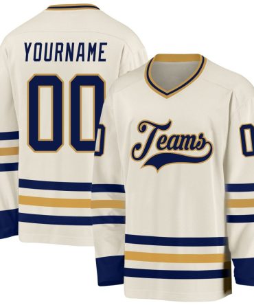 Custom Cream Navy-Old Gold Hockey Jersey, Gift For Hockey Fans