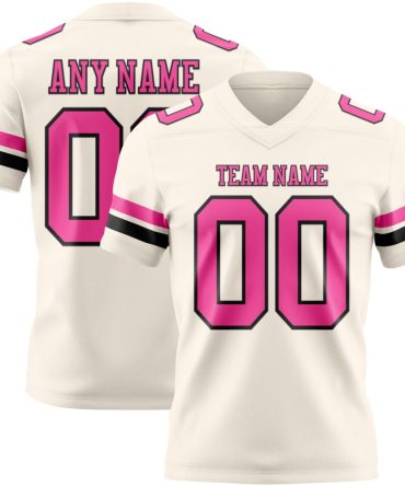 Custom Cream Pink-Black Authentic Football Jersey, Gift For Football Fans