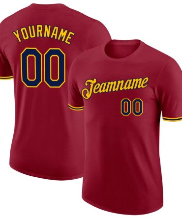 Custom Crimson Navy-Gold Performance T-Shirt, For Football, Baseball, Hockey, Basketball, Softball & Rugby Fans