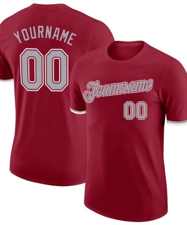 Custom Crimson Gray-White Performance T-Shirt, For Football, Baseball, Hockey, Basketball, Softball & Rugby Fans