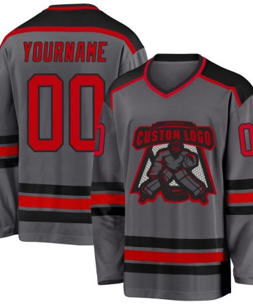 Custom Steel Gray Red-Black Hockey Jersey, Gift For Hockey Fans