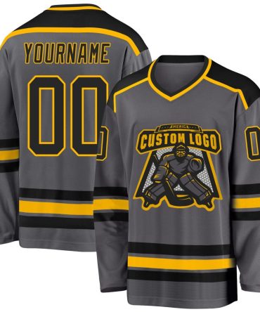 Custom Steel Gray Black-Gold Hockey Jersey, Gift For Hockey Fans