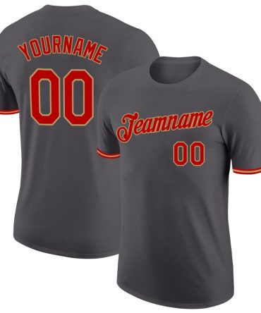 Custom Steel Gray Red-Old Gold Performance T-Shirt, For Football, Baseball, Hockey, Basketball, Softball & Rugby Fans