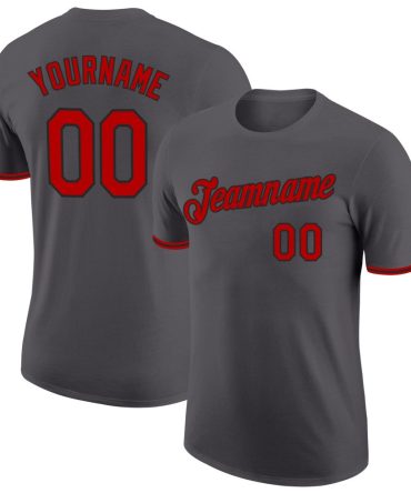 Custom Steel Gray Red-Black Performance T-Shirt, For Football, Baseball, Hockey, Basketball, Softball & Rugby Fans