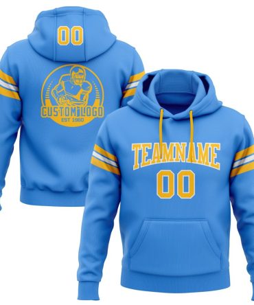 Custom Powder Blue Gold-White Football Pullover Sweatshirt Hoodie, Gift For Football, Baseball, Hockey, Basketball, Softball & Rugby Fans