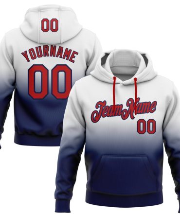 Custom White Red-Navy Fade Fashion Sports Pullover Sweatshirt Hoodie, Gift For Football, Baseball, Hockey, Basketball, Softball & Rugby Fans