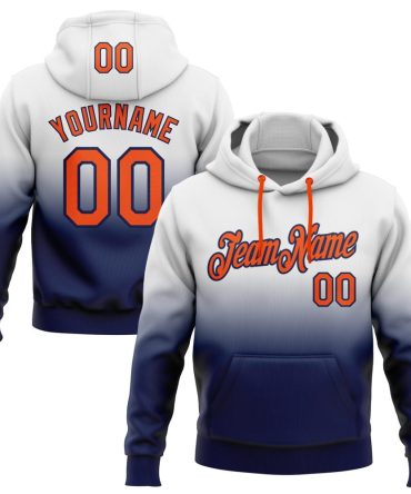 Custom White Orange-Navy Fade Fashion Sports Pullover Sweatshirt Hoodie, Gift For Football, Baseball, Hockey, Basketball, Softball & Rugby Fans