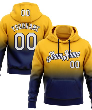 Custom Gold White-Navy Fade Fashion Sports Pullover Sweatshirt Hoodie, Gift For Football, Baseball, Hockey, Basketball, Softball & Rugby Fans