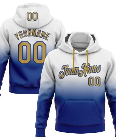 Custom White Old Gold-Royal Fade Fashion Sports Pullover Sweatshirt Hoodie, Gift For Football, Baseball, Hockey, Basketball, Softball & Rugby Fans