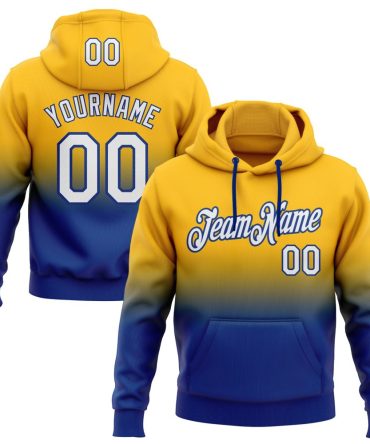 Custom Gold White-Royal Fade Fashion Sports Pullover Sweatshirt Hoodie, Gift For Football, Baseball, Hockey, Basketball, Softball & Rugby Fans