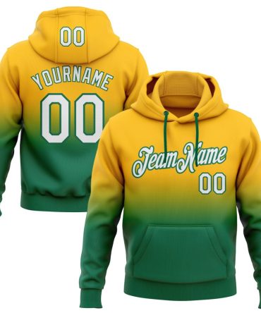 Custom Gold White-Kelly Green Fade Fashion Sports Pullover Sweatshirt Hoodie, Gift For Football, Baseball, Hockey, Basketball, Softball & Rugby Fans