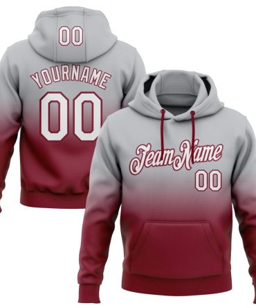 Custom Gray White-Crimson Fade Fashion Sports Pullover Sweatshirt Hoodie, Gift For Football, Baseball, Hockey, Basketball, Softball & Rugby Fans