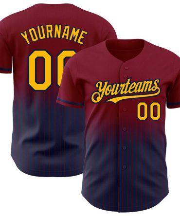 Custom Maroon Pinstripe Gold-Navy Fade Fashion Baseball Jersey, Gift For Baseball Fans