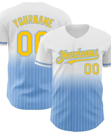 Custom White Pinstripe Yellow-Light Blue Fade Fashion Baseball Jersey, Gift For Baseball Fans