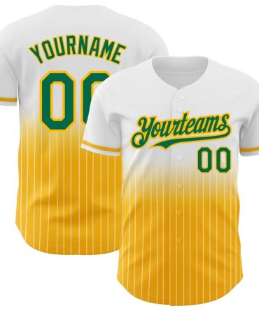 Custom White Pinstripe Kelly Green-Gold Fade Fashion Baseball Jersey, Gift For Baseball Fans