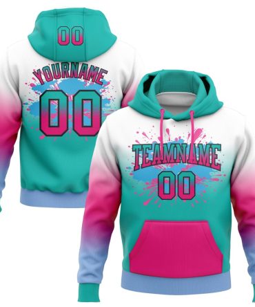 Custom White Aqua Hot Pink Light Blue-Black Fade Fashion Splash Sports Pullover Sweatshirt Hoodie, Gift For Football, Baseball, Hockey, Basketball, Softball & Rugby Fans