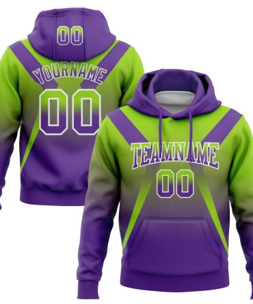 Custom Neon Green Purple-White Fade Fashion Arrow Sports Pullover Sweatshirt Hoodie, Gift For Football, Baseball, Hockey, Basketball, Softball & Rugby Fans