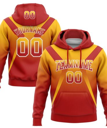Custom Gold Red-White Fade Fashion Arrow Sports Pullover Sweatshirt Hoodie, Gift For Football, Baseball, Hockey, Basketball, Softball & Rugby Fans