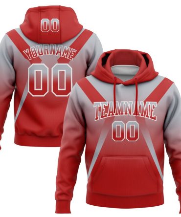Custom Gray Red-White Fade Fashion Arrow Sports Pullover Sweatshirt Hoodie, Gift For Football, Baseball, Hockey, Basketball, Softball & Rugby Fans