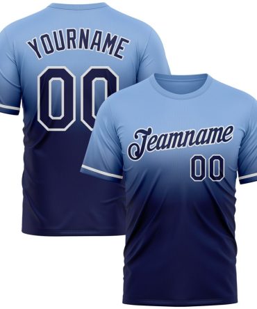 Custom Light Blue Navy-White Fade Fashion Performance T-Shirt, For Football, Baseball, Hockey, Basketball, Softball & Rugby Fans