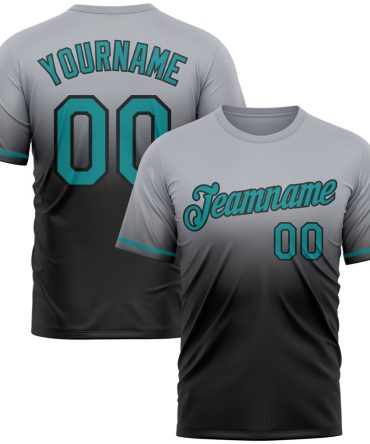 Custom Gray Teal-Black Fade Fashion Performance T-Shirt, For Football, Baseball, Hockey, Basketball, Softball & Rugby Fans