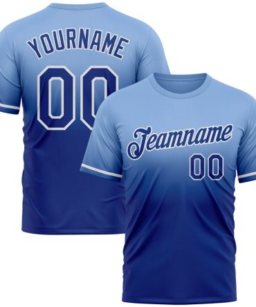 Custom Light Blue Royal-White Fade Fashion Performance T-Shirt, For Football, Baseball, Hockey, Basketball, Softball & Rugby Fans