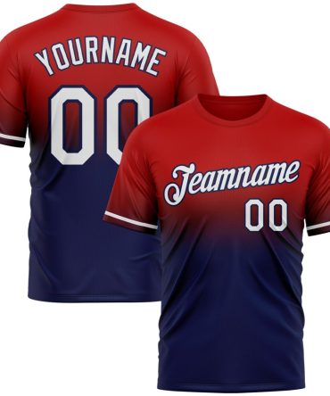 Custom Red White-Navy Fade Fashion Performance T-Shirt, For Football, Baseball, Hockey, Basketball, Softball & Rugby Fans