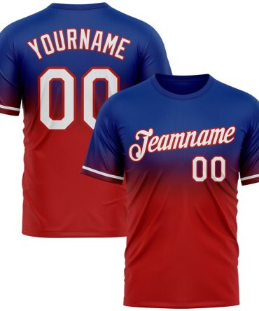Custom Royal White-Red Fade Fashion Performance T-Shirt, For Football, Baseball, Hockey, Basketball, Softball & Rugby Fans