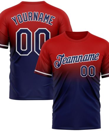 Custom Red Navy-White Fade Fashion Performance T-Shirt, For Football, Baseball, Hockey, Basketball, Softball & Rugby Fans