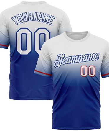 Custom White Royal-Red Fade Fashion Performance T-Shirt, For Football, Baseball, Hockey, Basketball, Softball & Rugby Fans