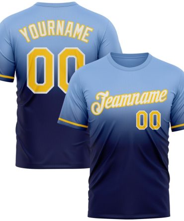 Custom Light Blue Yellow-Navy Fade Fashion Performance T-Shirt, For Football, Baseball, Hockey, Basketball, Softball & Rugby Fans